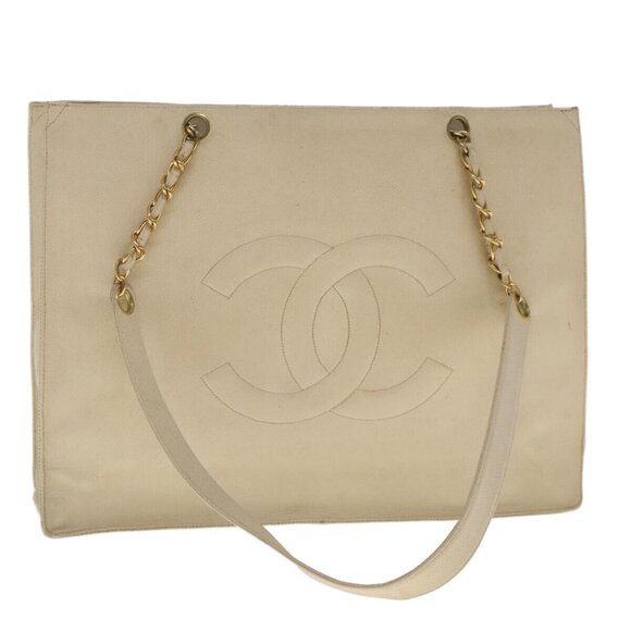 CHANEL COCO Mark Chain Tote Bag Caviar Skin Beige Gold CC Auth - Picture 1 of 16